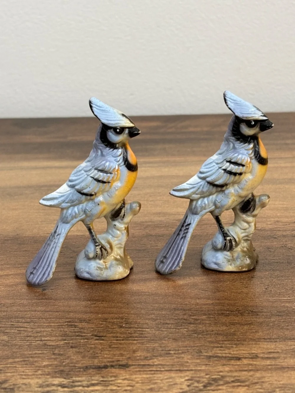 VINTAGE Mid century Blue Jay Perched on Branch Figurine Collectible Pair SET 2
